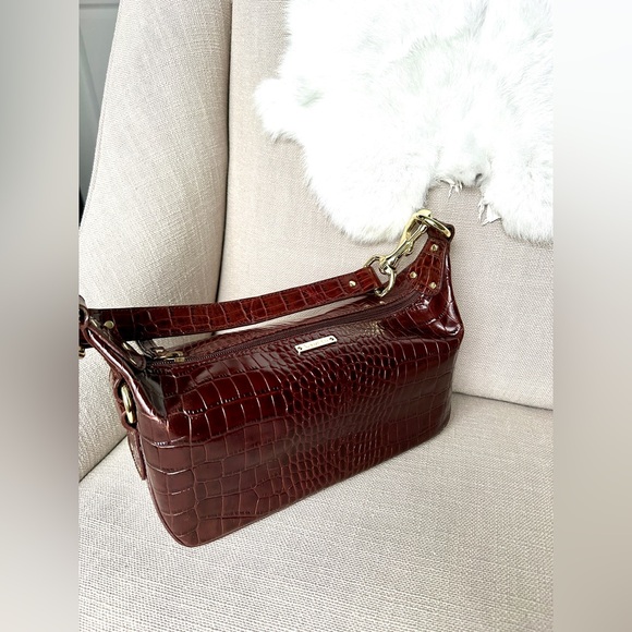 VTG 90s Y2K Ralph Lauren Cognac Crock Embossed Leather Baguette Purse Shoulder - Picture 10 of 16